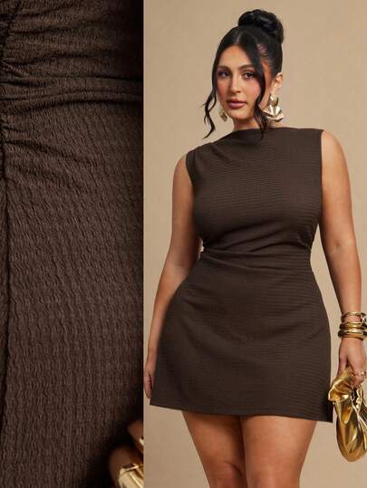 SHEIN BAE Women's Plus Size Brown Textured Sleeveless Dress, Elegant Sexy Summer Ruched Waist Short Mini Dress, Back Zipper Holiday Date Dinner Wedding Guest