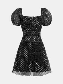 SHEIN Đầm ngắn xếp ly eo, tay phồng, lưng hở, chất liệu lưới dệt kim họa tiết chấm bi, thích hợp cho kỳ nghỉ, phong cách cổ điển/bãi biển/đại dương/thanh lịch/dễ thương dành cho thiếu nữ mùa xuân hè. - Đen và trắng - Xem 6