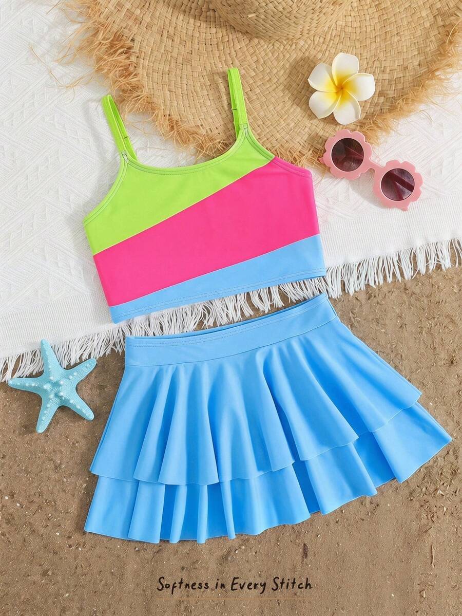 Cozy Pixies Conjunto de bikini con tirantes de espagueti y volantes en el bajo para niñas jóvenes, de colores contrastantes - Azul - Ver 1