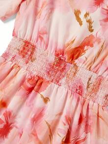 Ellevyn Floral Print Romantic Vacation Dress With Round Neck And Waist Cinching - Pink - View 3
