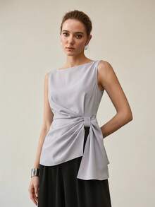 MOTF PREMIUM ELEGANT ASYMMETRIC HEM SLEEVELESS BLOUSE - Grey - View 3