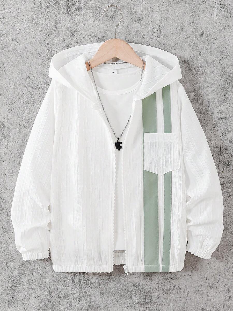 SHEIN Tween Boy Textured Striped Contrast Pocket Zip Front Long Sleeve Jacket - White - View 1