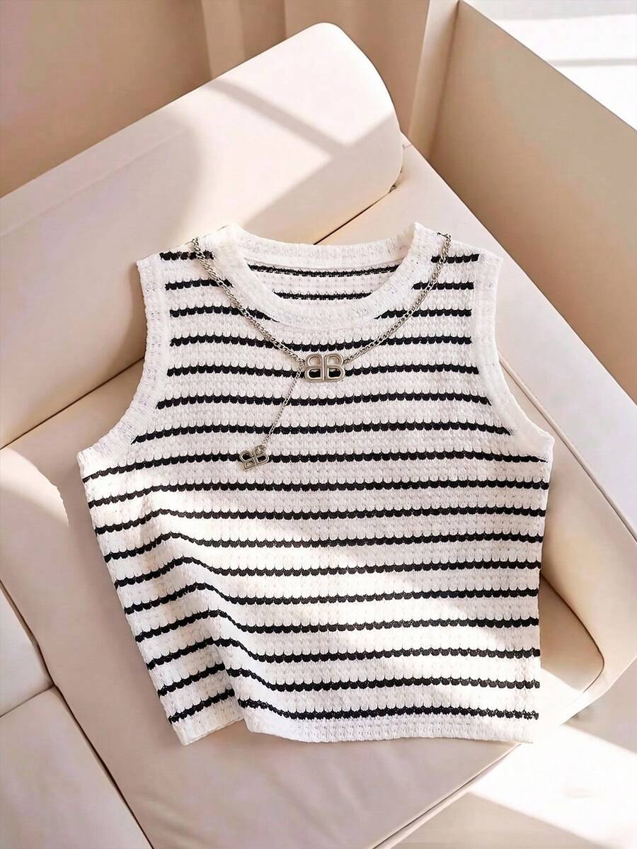 Lymera Áo tank top dệt kim cổ tròn kẻ sọc đen trắng cơ bản dành cho nữ, áo croptop ôm sát không tay khoét lỗ, áo len dệt kim đa năng mặc trong và ngoài được cả bốn mùa. - Nhiều màu - Xem 1
