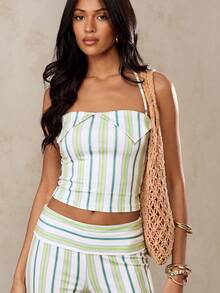 SHEIN BAE Áo quây hở lưng kẻ sọc phong cách thường ngày dành cho nữ, thích hợp cho kỳ nghỉ. - màu xanh lá - Xem 4