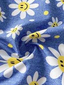 SHEIN Playful Pals Đầm bé gái sơ sinh/trẻ nhỏ 0-3 tuổi in hình thỏ dễ thương, tay bồng, kiểu dáng thường ngày, thích hợp mặc mùa xuân/hè. - Màu xanh lam - Xem 7
