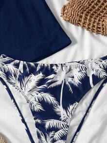 SHEIN Teen Girls Black & Colorblock Palm Tree Pattern Modest Bikini Set, Short Sleeve Top And Bottoms, Suitable For Vacation, Beach, Swimming - Navy Blue - View 5