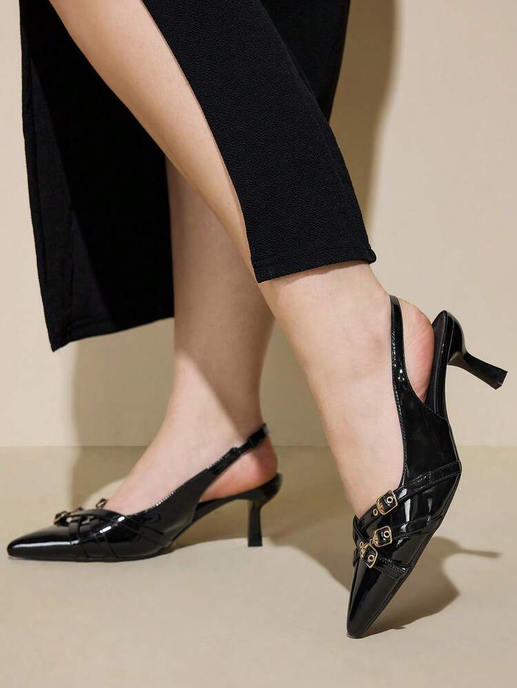 CUCCOO CURVES Women Shoes Wide Fit Fashion Pointed Thin High Heel Black Multiple Straps Buckle Slingback Women's Shoes Simple Classic Daily Comfort Fattened High Heel Women's Shoes Plus Size