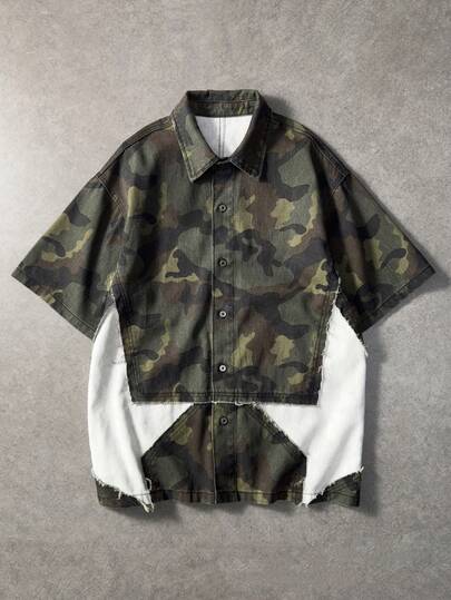 ROMWE MEN Men's Camouflage Print Button-Front Casual Short Sleeve Denim Shirt