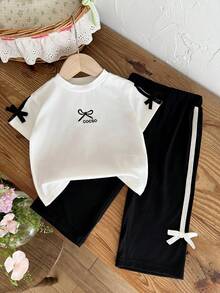 SHEIN 2件套女婴幼儿0-3岁休闲百搭街头风黑色T恤和裤子套装 - 黑色 - 查看 8