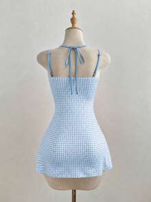 Flirla Gaun Mini 2 In 1 Motif Kotak-kotak Polos Minimalis untuk Wanita - Baby Blue - View 2