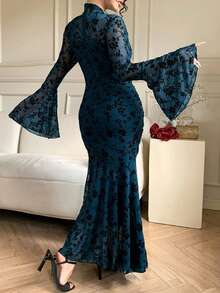 DAZY Women's Elegant Lace Pleated Fishtail Dress, Spring/Summer - Blue - View 2