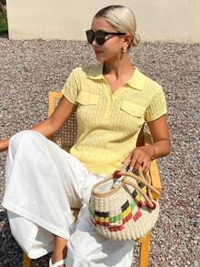 DAZY Women's Solid Color Slim Fit Short Sleeve Thin Knit Polo Shirt, Casual Summer Knit Top - Pale Yellow - View 5