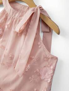 SHEIN Elenzya 女士粉色网纱刺绣法式拼接3D立体花卉无袖吊带蝴蝶结A字衬衫，优雅高端精致小众夏季上衣 - 粉色 - 查看 5