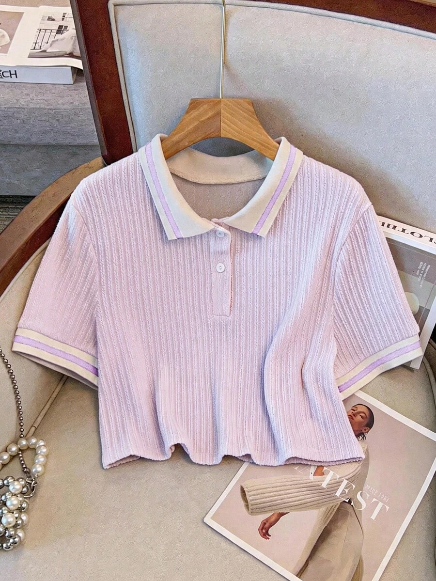 GlowEve CURVE 大码撞色 Polo 领休闲夏季针织 T 恤 - 紫色 - 查看 1