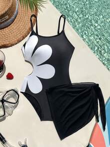 SHEIN 少女碎花镂空连体泳衣罩衫带裙 - 黑與白 - 查看 2