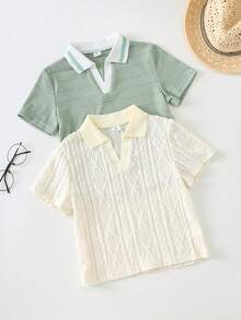 SHEIN 2件套男童可爱休闲夏季条纹短袖polo衫套装，适合生日派对、晚宴、演出、婚礼、洗礼和学校假期等场合。 - 彩色 - 查看 5