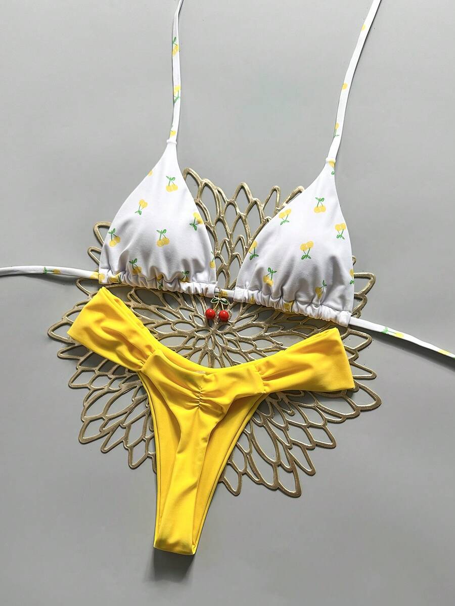 Swim Mod 2件組 春夏度假隨機櫻桃印花掛脖三角杯胸罩與比基尼泳褲 性感女款泳裝套裝 - 彩色 - 查看 1