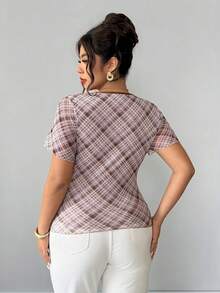 SHEIN Clasi 加大码女式梭织常规夏季法式优雅约会深V领蝴蝶结短袖修身咖啡色格子T恤 - 咖啡棕 - 查看 2