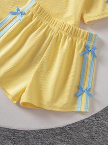 SHEIN 2pcs Young Girl Knitted Solid Color Round Neck Casual T-Shirt And Shorts Set - Yellow - View 8