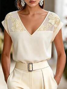 SHEIN LUNE Elegant V-Neck Contrast Lace Mesh Loose Slimming Short Sleeve Blouse For Women Teachers' Day Office Garden Party Brunch White Floral Summer Wedding - Apricot - View 1