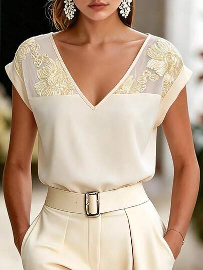 Balvessa Niche V-Neck Contrast Lace Mesh Loose Versatile Fashionable Slimming Short Sleeve Blouse For Women