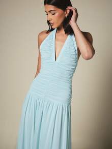 KSTM Ruched Halter Neck Maxi Dress With Deep V-Neckline Open Back And Flowy Pleated Skirt Summer Evening - Blue - View 4