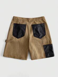 ROMWE MEN Essentials Men's Leather Patchwork Cargo Denim Shorts - Khaki - View 3
