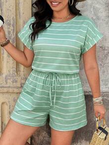 SHEIN LUNE Plus-Size Women'S Summer Black And White Striped Waistband Crew Neck Casual Romper Women Summer Clothes - Multicolor - View 5