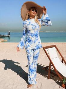 Swim Shayni Conjunto burkini de manga larga con pantalón acampanado en degradado de rosa y morado, traje de baño conservador para mujer, llegada de nuevos trajes de baño para mujer 2026, adecuado para la escuela, vacaciones, citas, té de la tarde, estilo occidental, cruceros, playa, islas, viajes por carretera, todas las estaciones, festivales de música, vacaciones bohemias, vacaciones occidentales, otoño relajado, tops elegantes para mujer - Multicolor - Ver 5