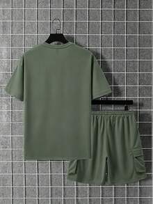 Manfinity Homme 2pcs Men's Solid Color Round Neck Drop Shoulder Casual Loose Fit Summer Set - Army Green - View 2