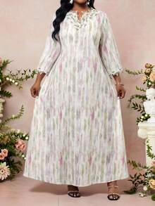 SHEIN Lady Women's Plus Size White Olive Green V-Neck Long Sleeve Elegant Bohemian Dress,Autumn Vacation Resort Wear,Beach Holiday Tea Party Graduation Outfit - Pink - View 5
