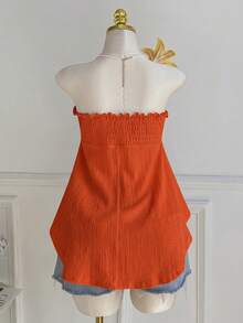 Comfortcana Blusa sin mangas con volantes, dobladillo asimétrico y encaje, con lazo delantero, talla grande, para primavera/verano - Naranja - Ver 2