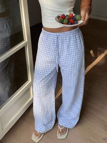Pantalones de mujer a cuadros azules, de moda y rentables, adecuados para uso casual, vacaciones, hogar y playa.Pantalones palazzo de lino para chicas jóvenes - Multicolor - Ver 3