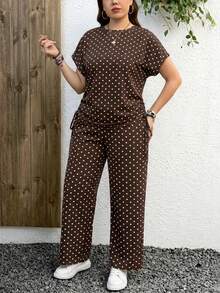 EMERY ROSE Mother's Day Vacation Boho Style Polka Dot Pattern Casual Minimalist 2 Pieces Set, Suitable For Summer, Plus Size - Brown - View 5