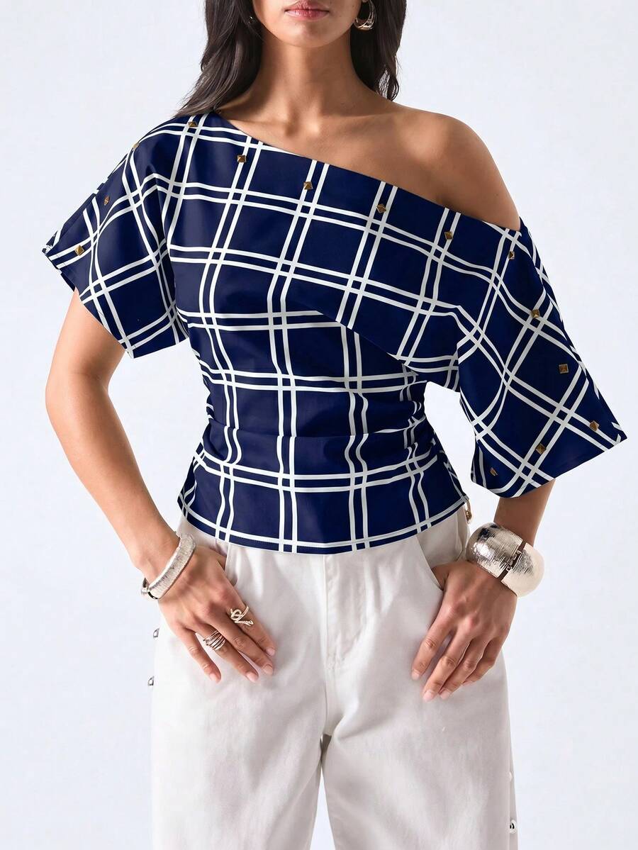 LYSMO Women's Elegant Sexy Navy Blue Plaid Asymmetric Shoulder Ruffle Shirt Blouse Summer Work Day Party Night Out Tops - Navy Blue - View 1
