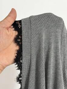 Sunspun Nueva Dulce Vacación, Blusas Elegantes para Salir, Lazo, Blusa de Tela de Punto con Ribete de Encaje Cuello en V Manga Corta, Blusa de Encaje Casual Versátil para Mujeres - Gris - Ver 7