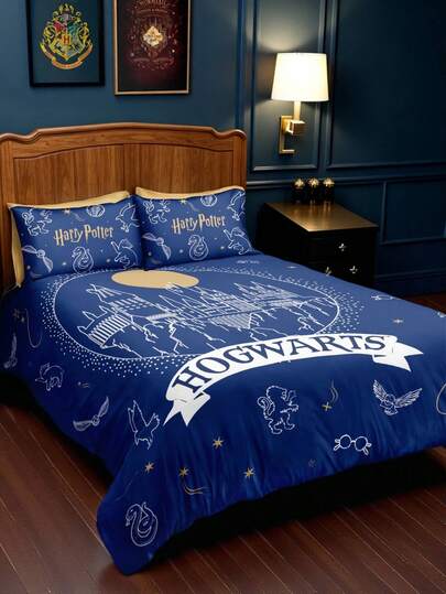 HARRY POTTER X SHEIN 3Pc Magician Blue Background Printed Quilt Set, Sanded Material, Soft And Warm, Multiple Sizes, Suitable For Single Bed/Double Bed/Queen Bed/King Bed, Machine Washable