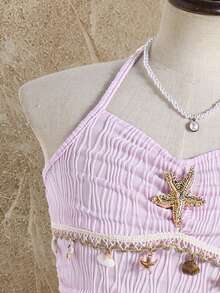 Sparklyn Tween Girls' Vacation Casual Starfish Pendant Decor Sleeveless Dress - Pink - View 3