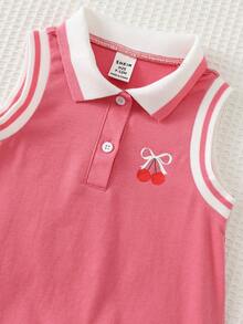 Cozy Pixies Vestito casual carino per bambine con fiocco a ciliegie, bottoni anteriori, linea A, senza maniche, con balze, Vestito polo/T-shirt per bambine, Set carino per bambine, Set a righe colorate a ciliegie per bambine, Set multicolore per bimbe, Vestito colorato per bimbe - Rosa - Visualizzare 4
