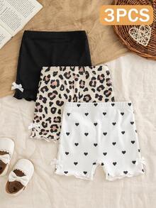 SHEIN Vintaside Kids Bộ 3 món cho bé gái sơ sinh và trẻ nhỏ 0-3 tuổi, kiểu dáng mùa xuân hè, chất liệu thun co giãn, họa tiết trái tim và da báo, thích hợp mặc ở nhà và ngoài trời. - Nhiều màu - Xem 3