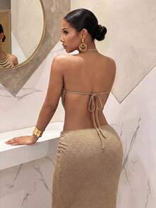 Slaydiva Women's Backless Halter Top And Skirt 2 Pieces Set - Khaki - View 3