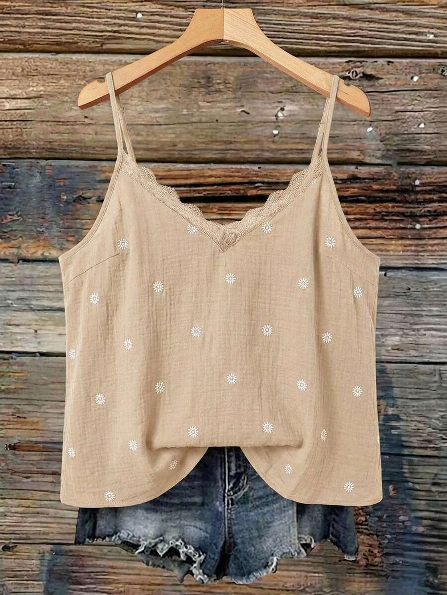 SHEIN VCAY Plus Size Women Daisy Embroidery Print V-Neck Ruffle Trim Loose Camisole - Apricot - View 1