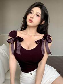 Joudiya Backless Bow-Tie Lace Up Short Sleeve Women's Slim Fit T-Shirt Going Out Tops Summer Halter Top - Burgundy - View 4