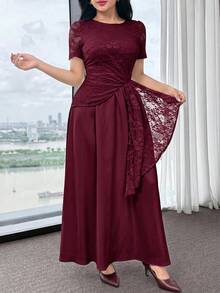 Modelyn 女士纯色荷叶边蕾丝拼接圆领短袖连衣裙 - 酒紅色 - 查看 4