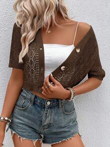 EMERY ROSE Women's Casual Vacation Minimalist Solid Color Mesh Hollow Short Lightweight Cardigan, Summer - Camel - View 6