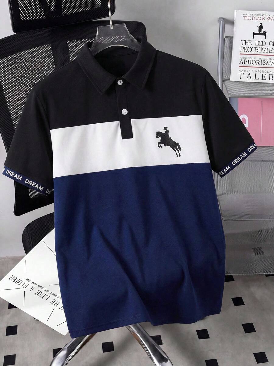 青少年男童 Polo 衫，翻领，纽扣，半开襟，骑士印花，休闲百搭短袖 - 藏蓝色 - 查看 1