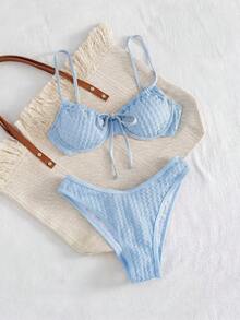 Swim Mod 女款 Coquette 兩件式比基尼套裝，嬰兒藍，夏季休閒沙灘度假款，掛脖抓皺上衣，前綁帶，高衩下褲，波浪紋布料 - 淺藍色 - 查看 8