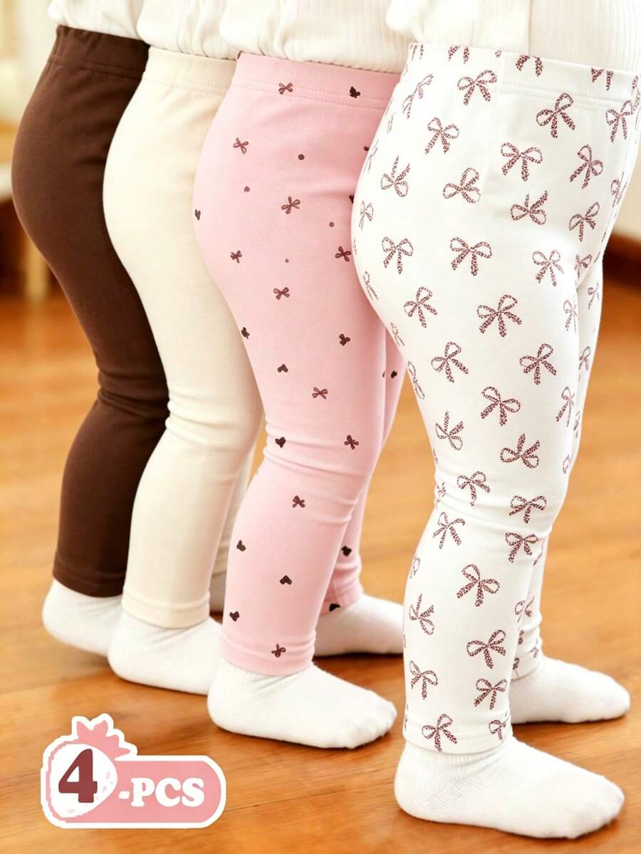 Set de 4 piezas de leggings elásticos de cintura sólida para bebé niña con gráficos de corazón y moño, pantalones y mallas en blanco y marrón para uso casual en otoño, vacaciones y primavera/verano