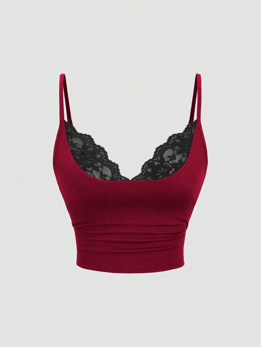 Sweetra Women's Sexy Lace Patchwork V-Neck Camisole Sleeveless Backless Crop Top, Suitable For Spring, Summer And Autumn - Burgundy - View 1