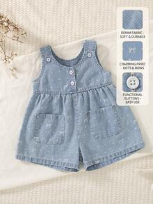 SHEIN Bộ áo liền quần denim chấm bi xanh nhạt cho bé gái, trang phục ngọt ngào và dễ thương cho những buổi đi chơi hàng ngày, mùa hè, mặc thường ngày, đi chơi cùng bố mẹ, đi nhà trẻ. - Rửa nhẹ - Xem 2